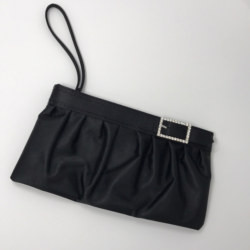 Black Satin Clutch Wristlet w/ Rhinestone Buckle – Evening Party